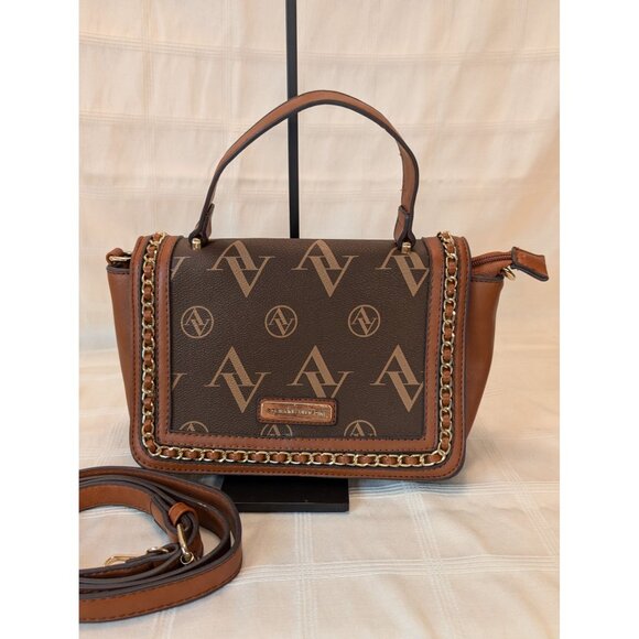 Adrienne Vittadini Brown Monogram Chain Strap Crossbody Bag Faux Leather - Picture 3 of 16
